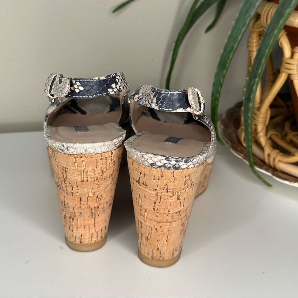 Stuart Weitzman Snakeskin Leather Cork Wedge Heels 8 | Peep Toe Slingback - Picture 5 of 13